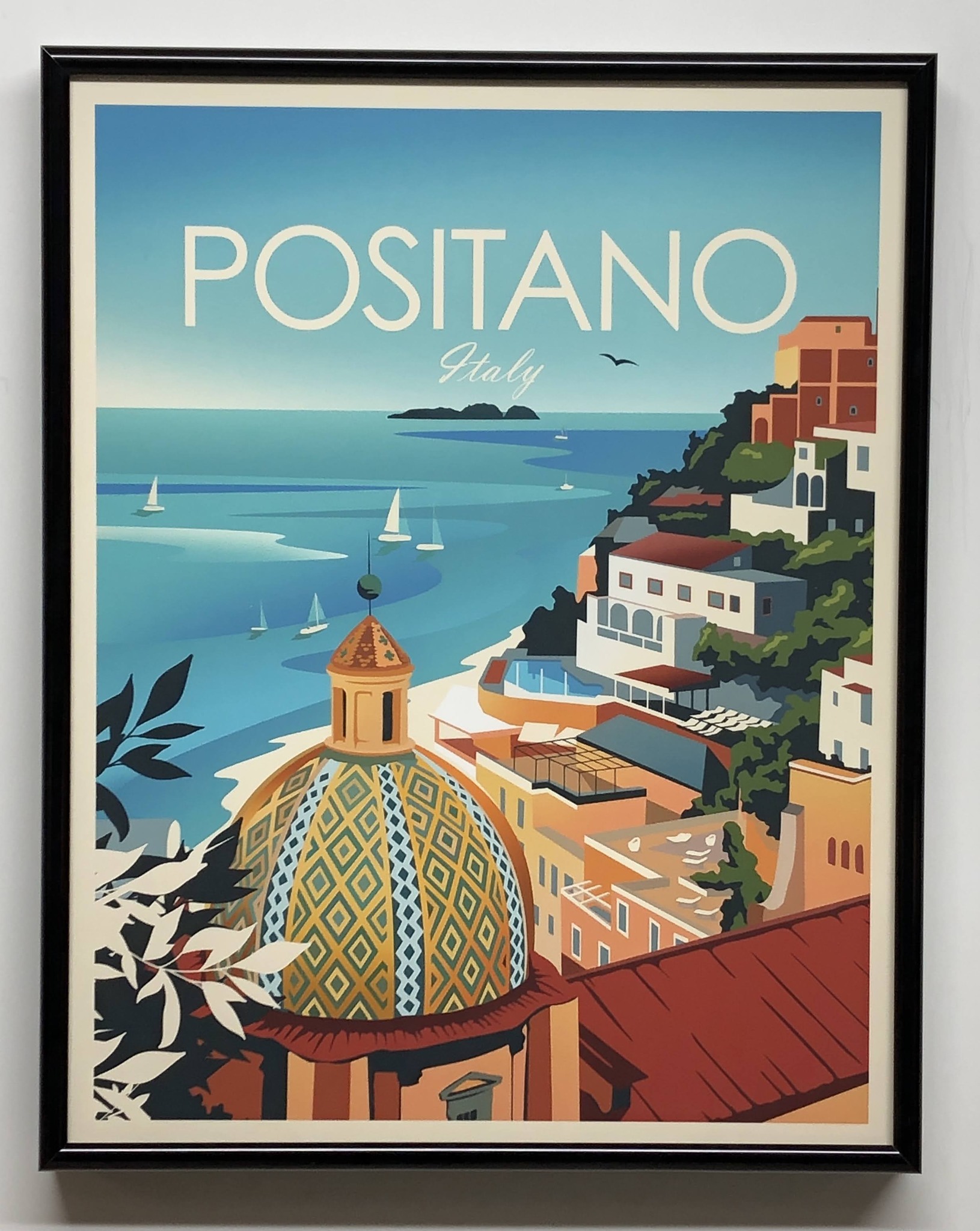 Classic framed travel poster with modern black frame