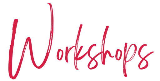 Pink Ascension Living text on a black background reading 'Workshops' in a handwritten calligraphy style, emphasizing creativity and personal development.