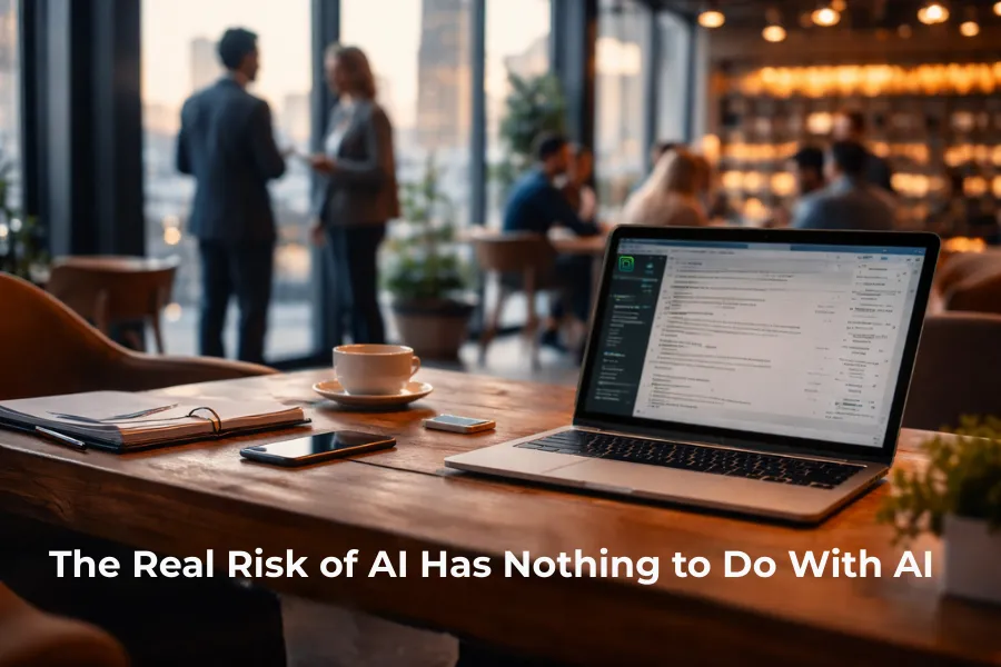 Office desk, computer, networking room with the text "The real risk of AI is not AI"
