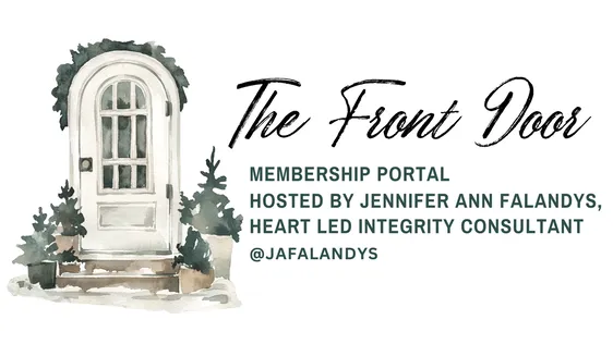 An image of a white door with green plants around it. The text reads: The Front Door Membership Portal, hosted by Jennifer Ann Falandys, Heartled Educational Consultant @jafalandys