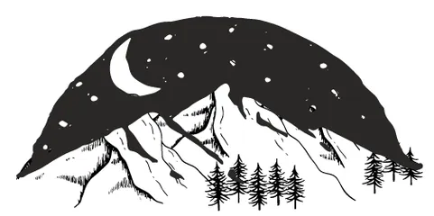 a group of pine trees in front of mountains under a moonlit, starry night sky