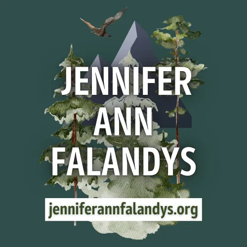 Jennifer's logo: Her name laid out over an image of mountains, trees, and a brown bird