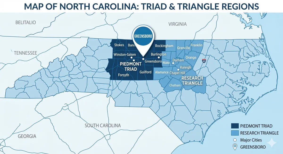 Service area map for Ask 4 T-Man Greensboro bail bondsman – covering Piedmont Triad cities including Winston-Salem, Burlington, Stokes, and Rockingham plus the Research Triangle area