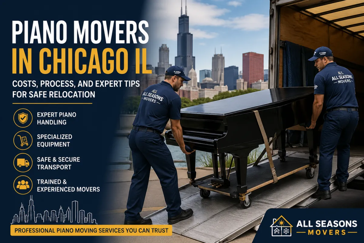 Piano movers in Chicago IL loading a grand piano into a truck using professional equipment for safe relocation
