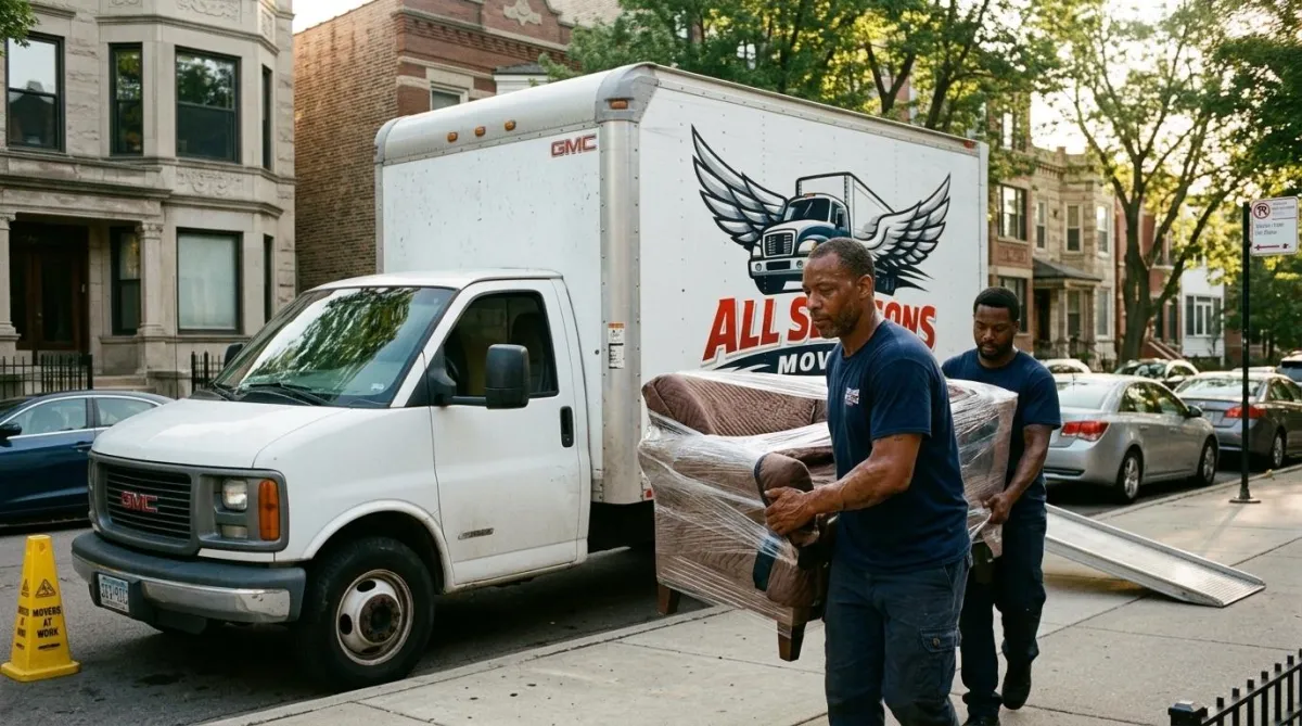  Movers carrying boxes from an All Seasons Movers truck into a Chicago apartment building
