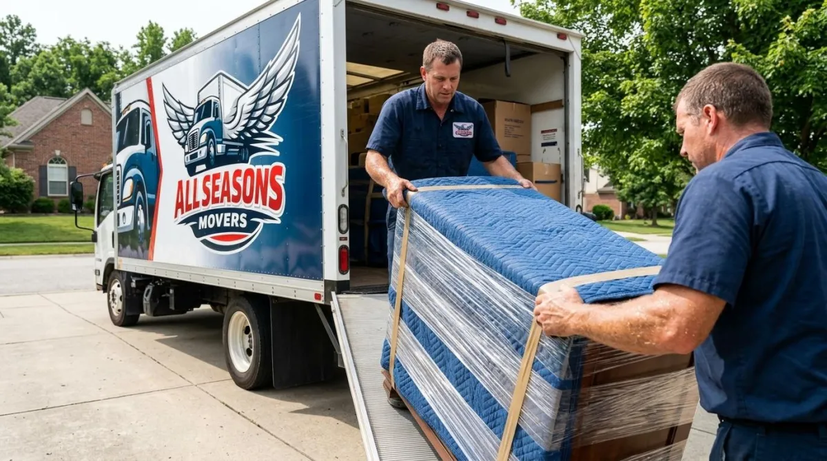 Movers in branded navy blue uniform loading a truck as part of a full service move