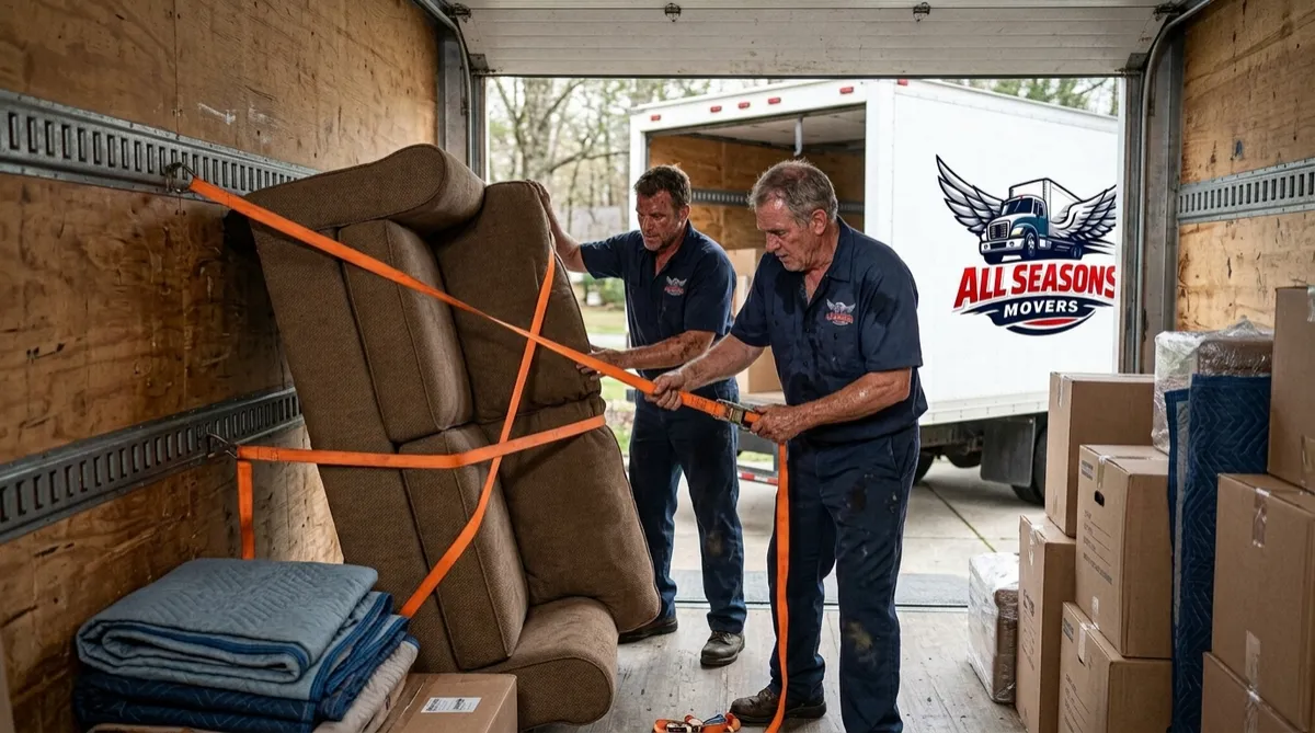 Two All Seasons Movers crew members in branded navy blue uniform sliding a wrapped couch into a branded moving truck on a Chicago street