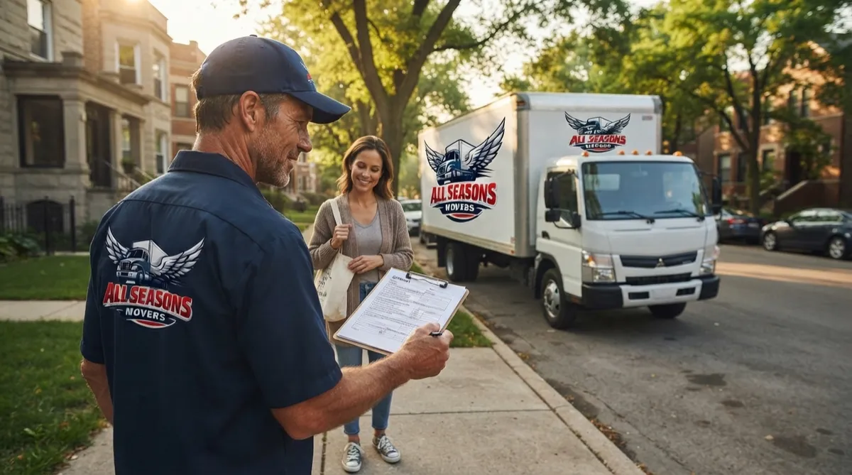 All Seasons Movers crew in branded navy blue uniform reviewing a written estimate with a homeowner beside their moving truck