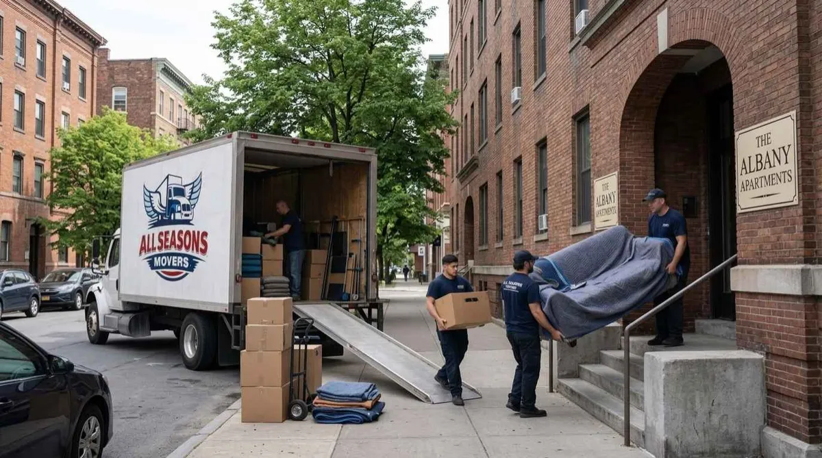 : Walk-up movers carrying boxes down the shared stairs of a brick courtyard building