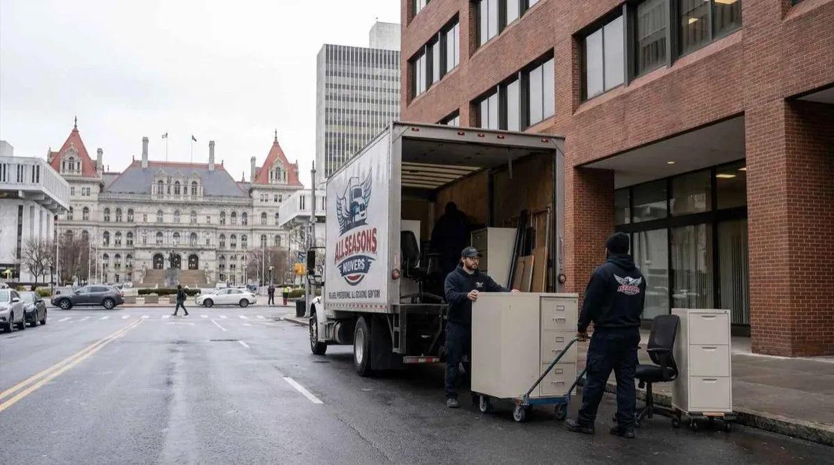 Movers carrying a desk and crates through a small office during a move