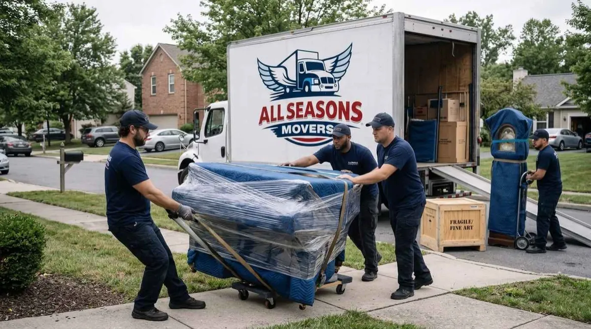 Movers moving a piano with a padded dolly in Chicago
