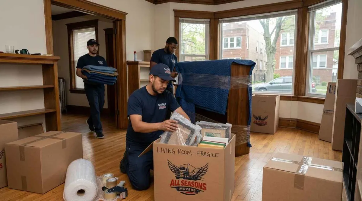 Packers wrapping dishes and boxing a kitchen for a move