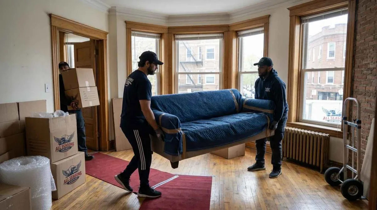 Professional movers carrying a wrapped sofa through an apartment during a local move