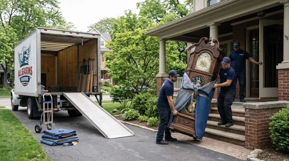  Professional movers carefully transporting an antique grandfather clock from a home to a moving truck