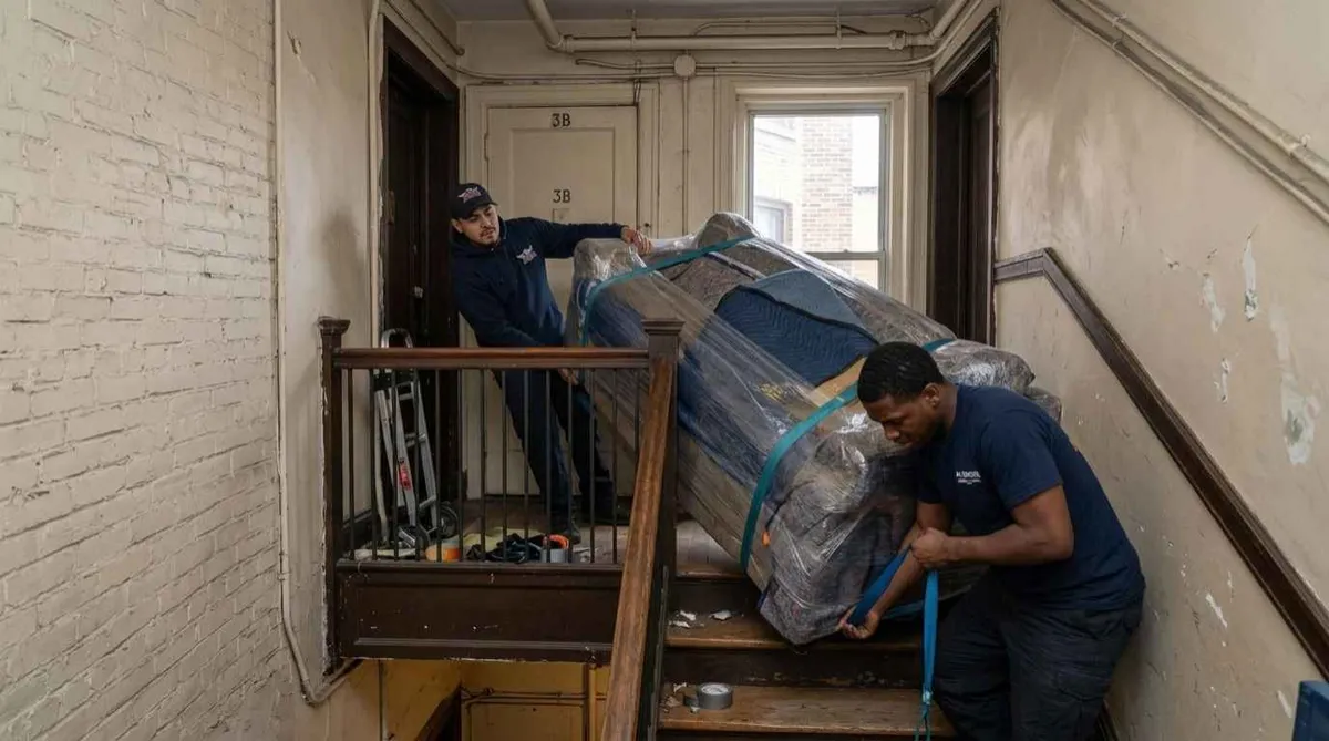 Professional movers maneuvering a protected sofa down a narrow apartment stairway