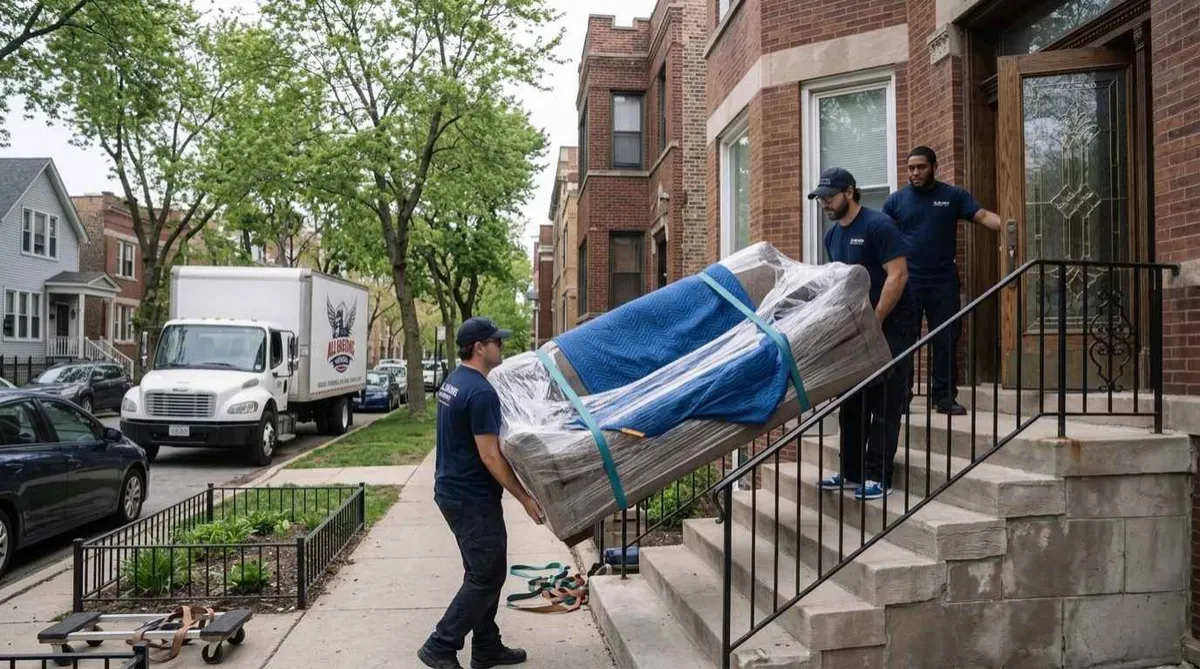 Residential movers carrying wrapped furniture up the front steps of a brick apartment building in Chicago