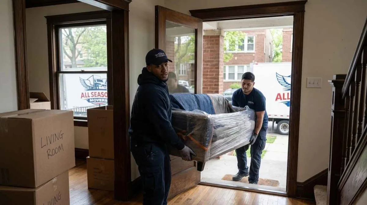 Local movers carrying a wrapped sofa through a home's front doorway during a residential move