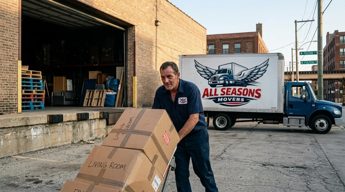 Mover in navy blue uniform wheeling boxes into a clean Chicago storage warehouse beside an All Seasons Movers truck