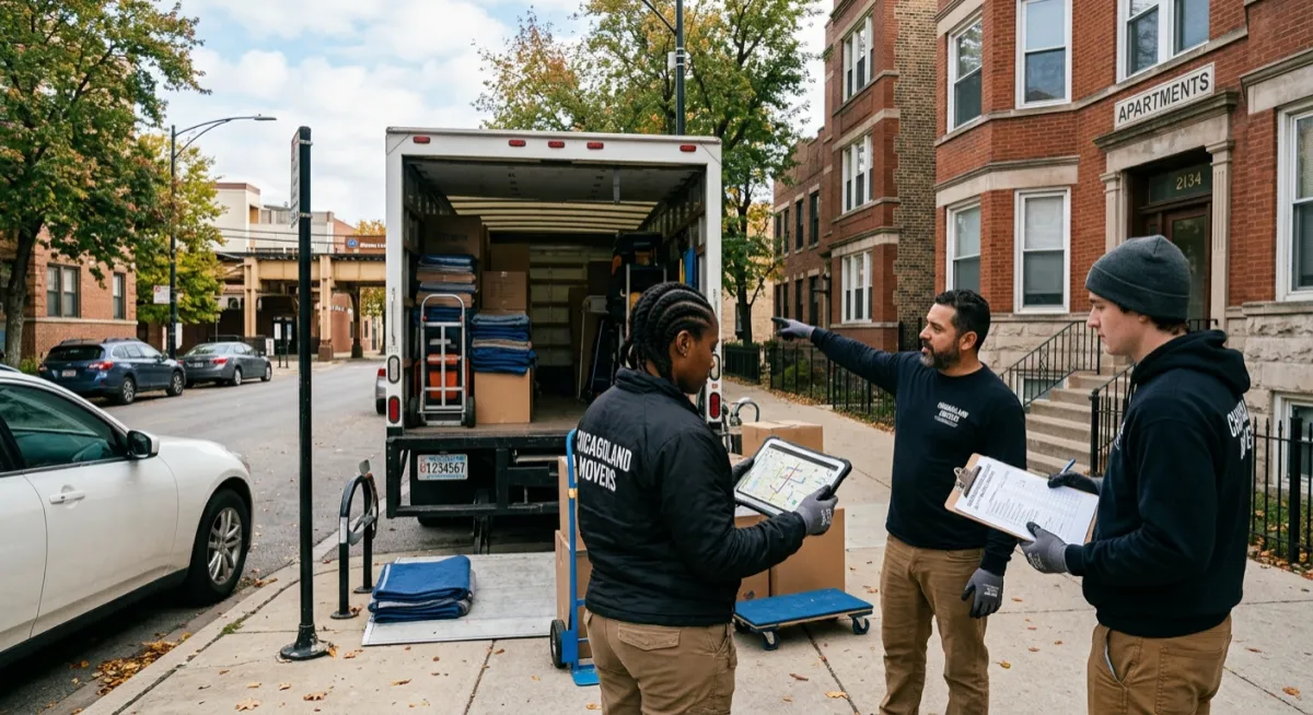 Local movers planning the route and building access for a Chicago move