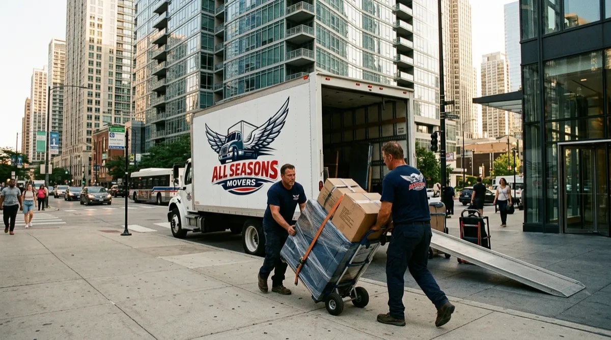 Movers carefully carrying furniture during a home relocation