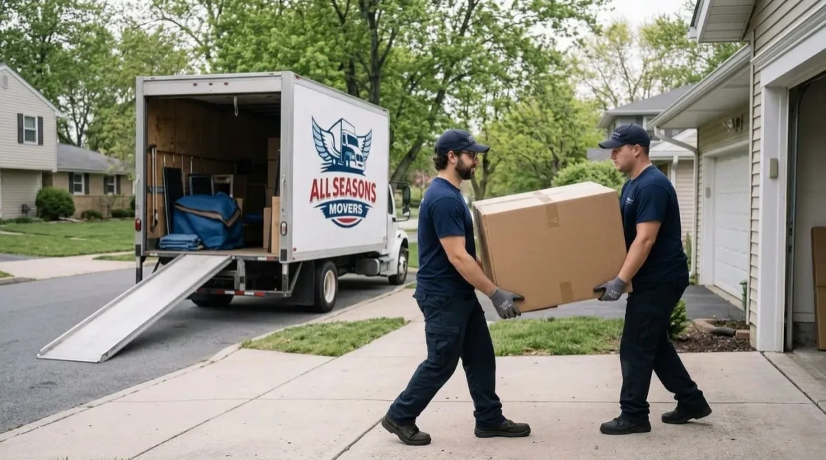 Labor-only movers loading furniture into a rental truck with a ramp