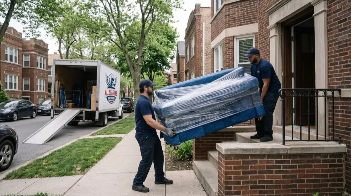 Movers carrying furniture out of a Chicago house into a moving truck