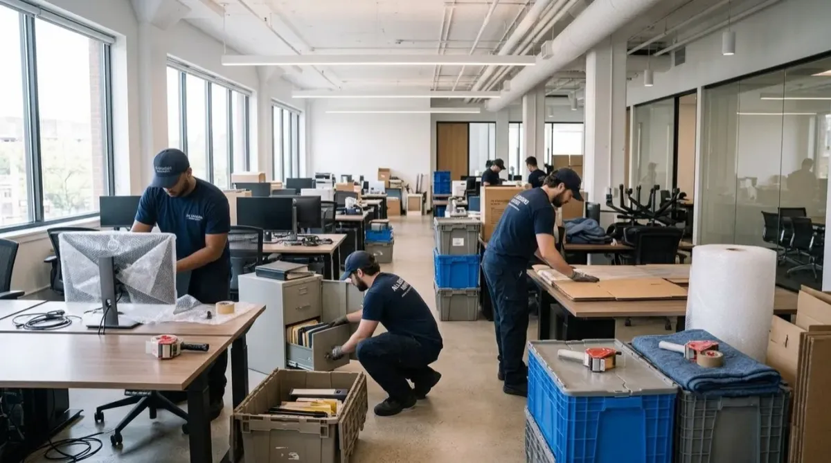 Movers packing office desks and equipment for an out-of-state relocation