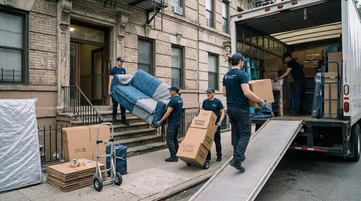 Professional movers carefully handling furniture during residential relocation