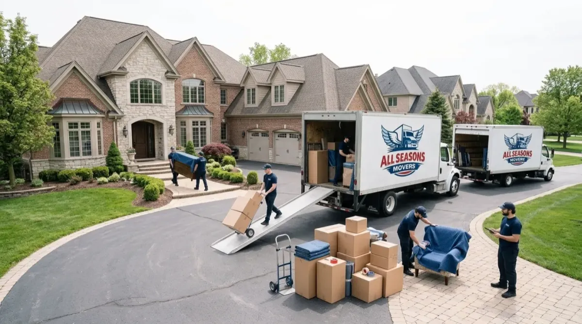 Movers transporting furniture during a large house move in Chicago