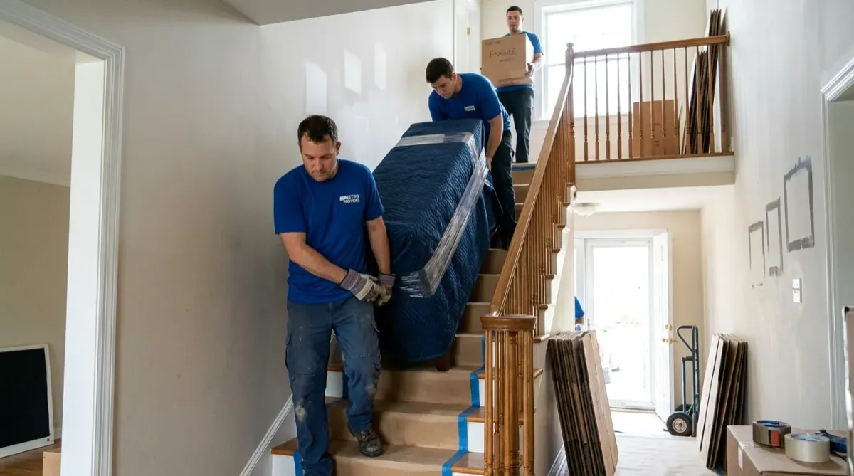 Professional movers carrying household furniture in a multi-story home