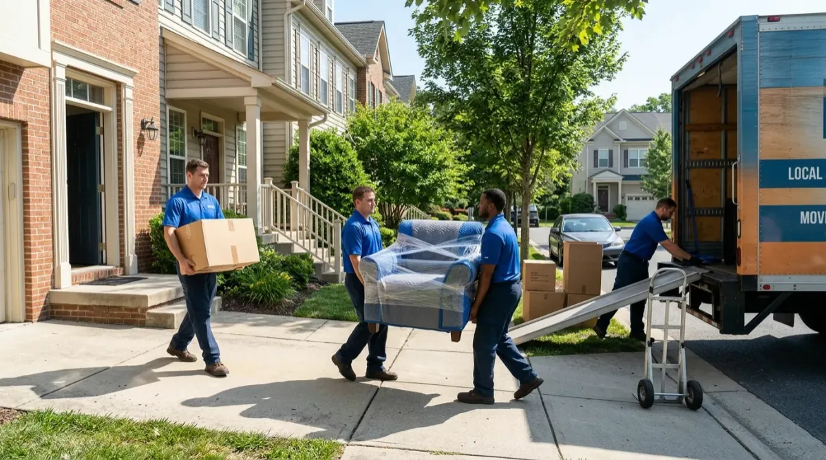 Movers relocating household belongings from a townhouse in Chicago