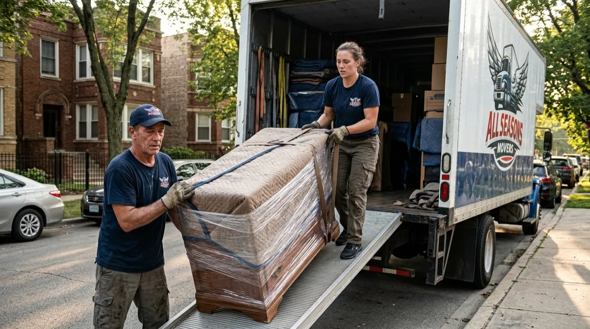 Movers in branded navy blue uniform loading a wrapped dresser onto an All Seasons Movers truck on a Chicago street