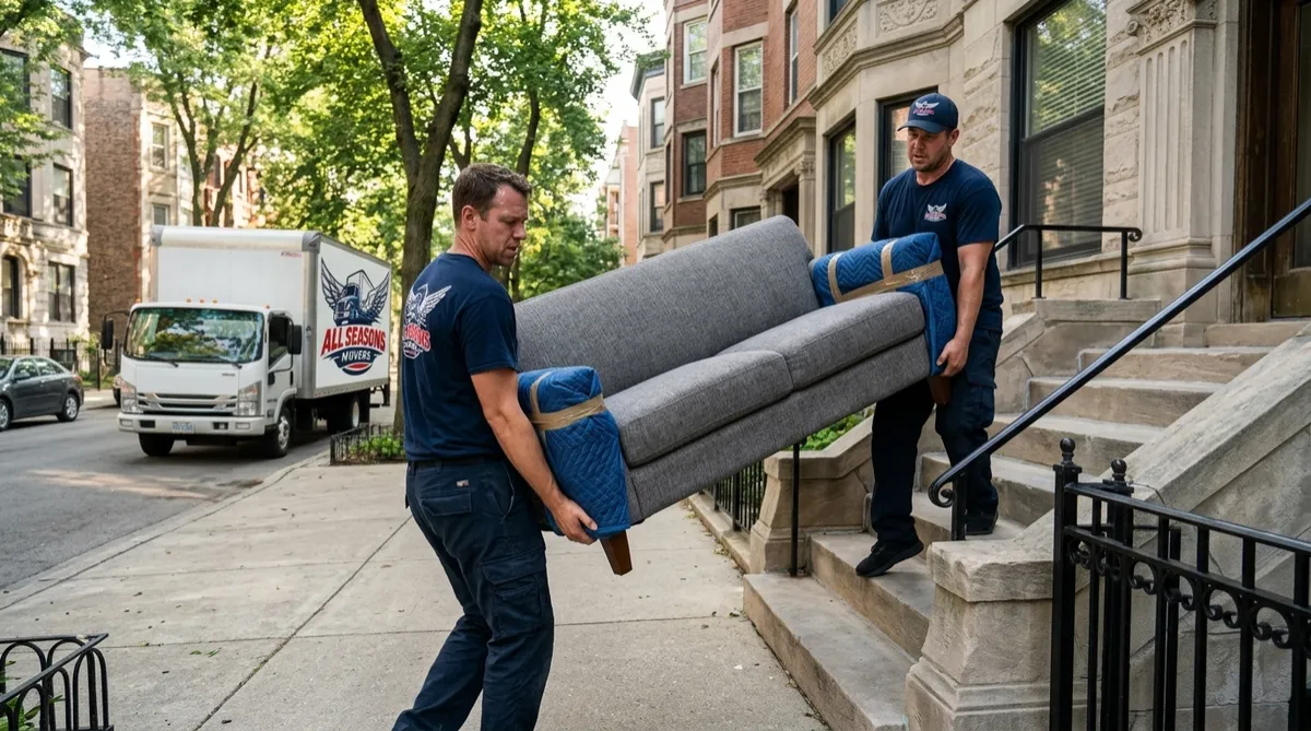 Two movers in branded navy blue uniform carrying a sofa down the steps of a Chicago greystone during a local move