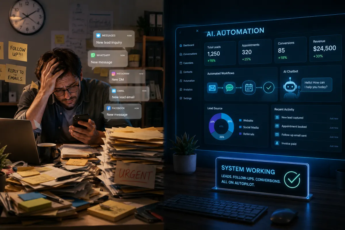 Overwhelmed business owner surrounded by paperwork and unread messages while an AI automation dashboard manages leads, appointments, and follow-ups in the background, showcasing the contrast between manual work and modern automated marketing systems.