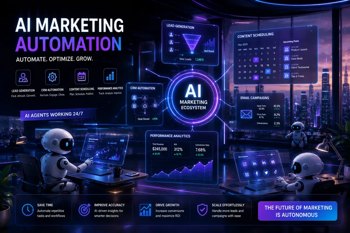 AI-powered marketing department where AI agents manage lead generation, content creation, social media, and analytics without human employees.