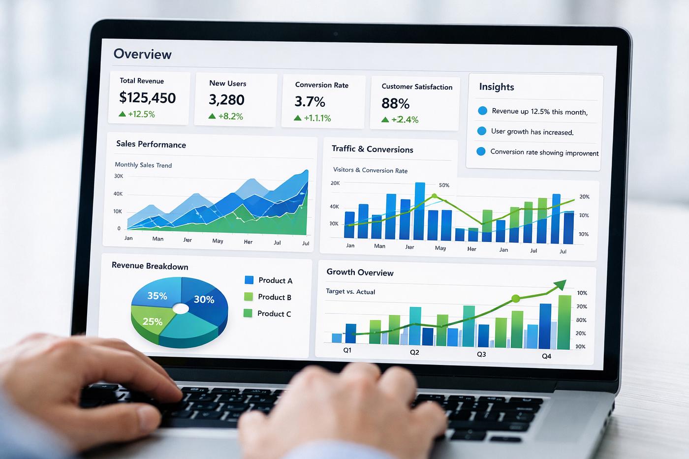 AI business dashboard showing workflow automation, performance analytics, and AI agent ROI for business operations.