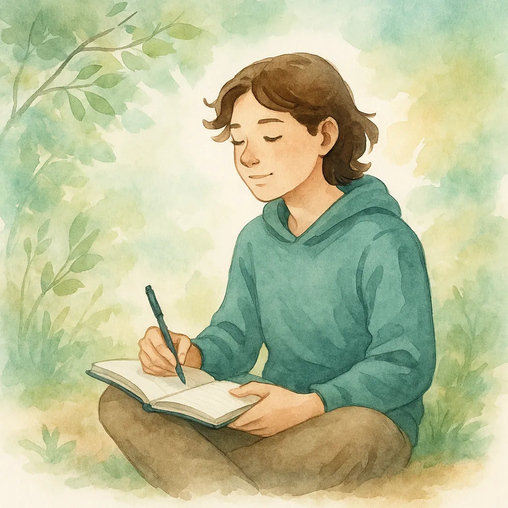 Teen journaling in a relaxed nature setting.