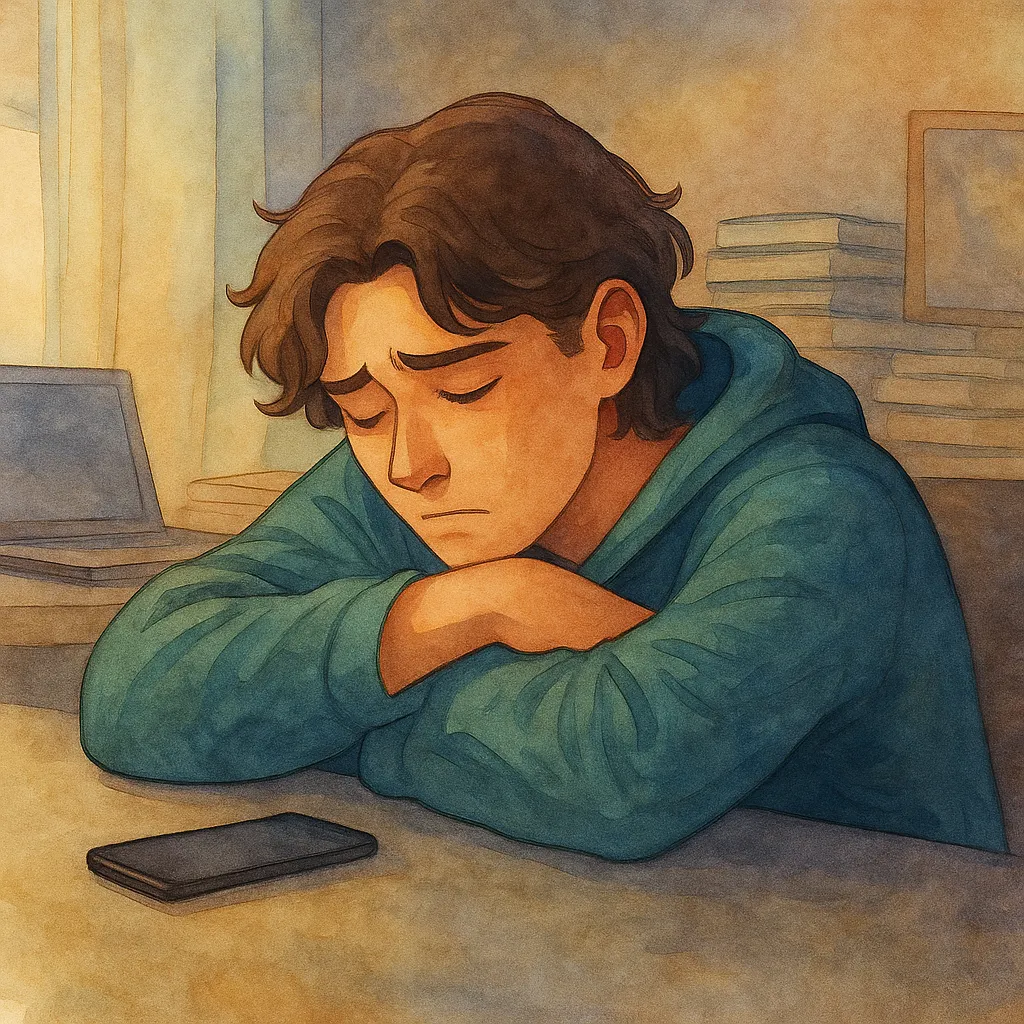 I sad, tired teen with a cell phone.
