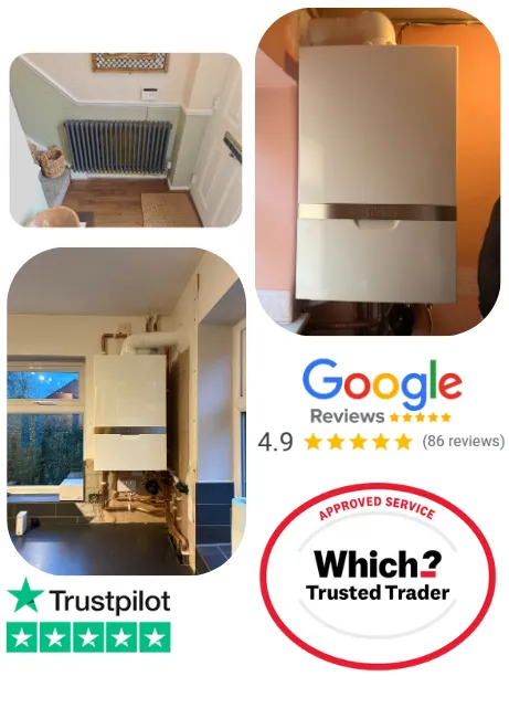 Smiling homeowner standing next to a newly installed condensing boiler in a modern kitchen.