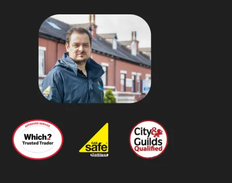 Founder Portrait in Home Town. With the Which Trusted trader logo, Gas Safe logo and the City & Guilds Qualified Logo