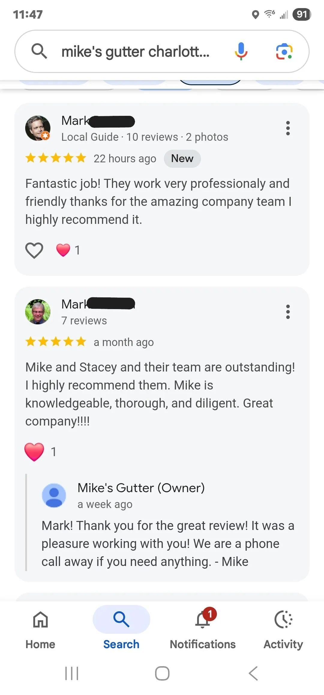 Google review for Mike's Gutter Charlotte from Dave, giving 5 stars. Text: "Mike and Stacey are my GO TO for gutters