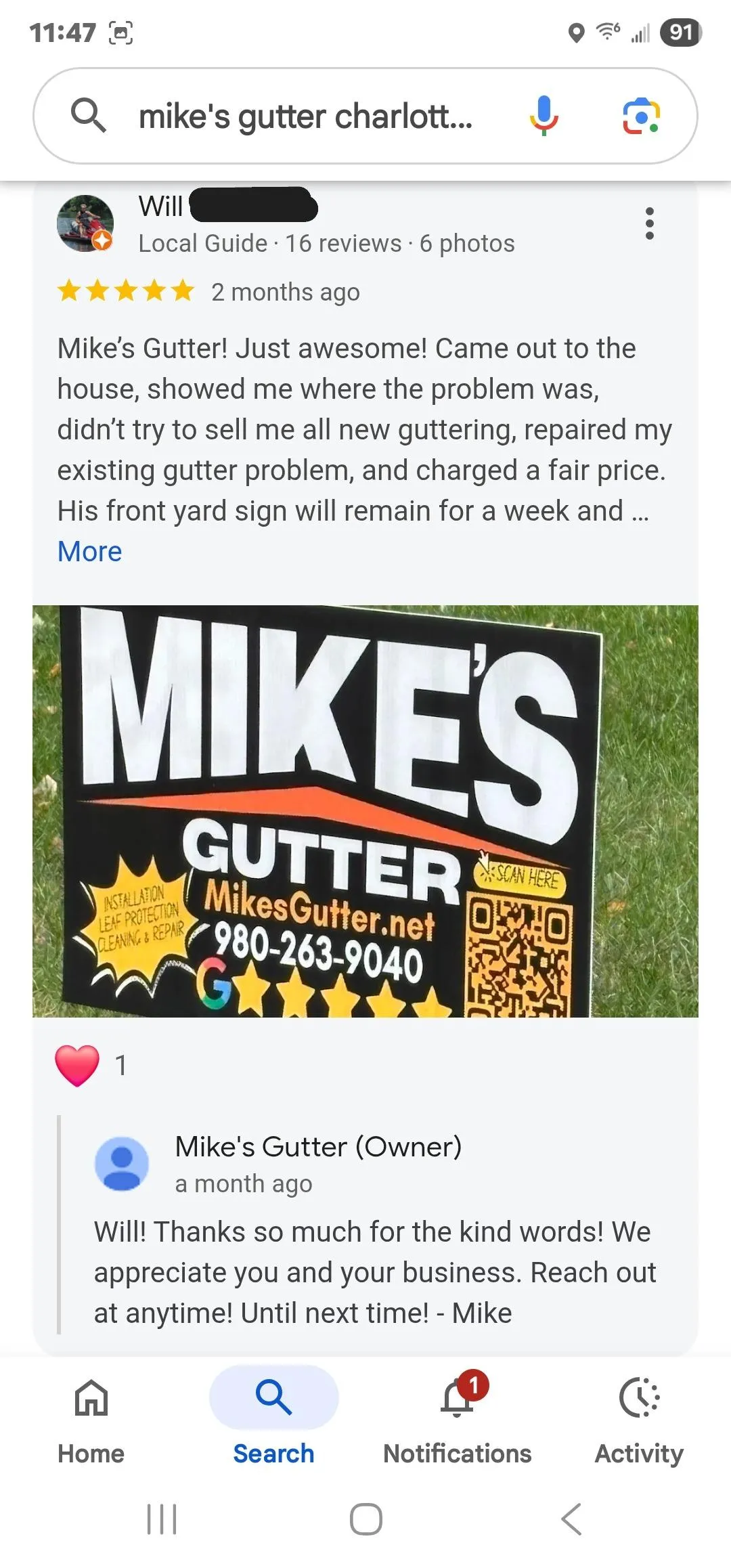 The image displays a Google review for Mike's Gutter Charlotte.