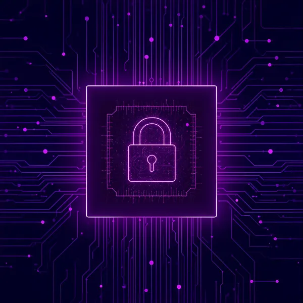 A glowing neon-purple padlock icon centered inside a digital circuit board design, symbolizing cybersecurity and data protection.