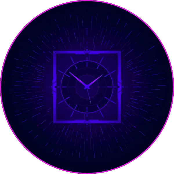 A glowing digital clock design with a square outer frame and circular inner rings, rendered in bright purple tones on a dark background with radial motion lines.