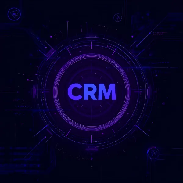 The letters “CRM” illuminated in bright blue at the center of a circular futuristic interface with neon purple accents and digital circuit elements.