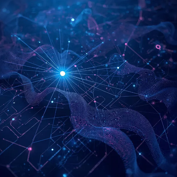 Abstract visualization of interconnected data networks with a bright central point emitting rays, featuring blue and purple mesh-like waves.