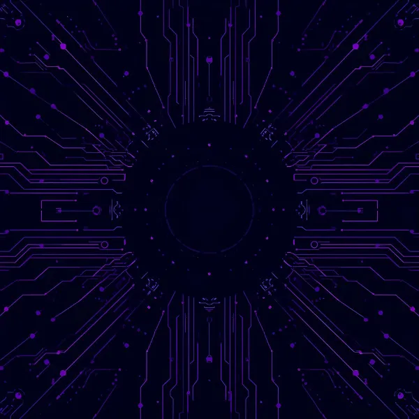 An abstract digital circuit pattern radiating outward from a dark circular center, with glowing purple lines and nodes forming a futuristic technological design.