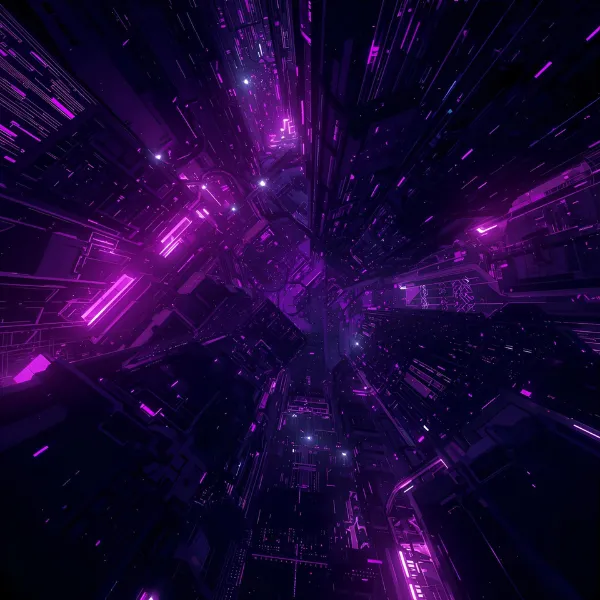 A futuristic digital cityscape viewed from above, filled with glowing neon-purple lights and intricate circuit-like structures creating a sense of depth and motion.