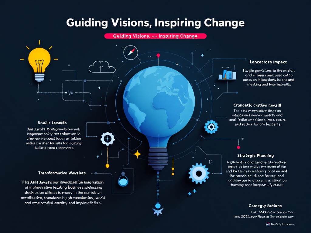 "Infographic illustrating Anila Javaid's strategic and innovative leadership with symbols of a lightbulb for innovation, a globe for global impact, a compass for guidance, and gears for strategic planning, under the heading 'Guiding Visions, Inspiring Change'."