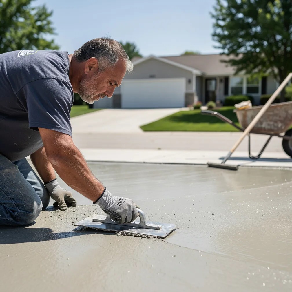 Contractor smoothing fresh concrete with a trowel on a sunny driveway job site in Beloit, Wisconsin.